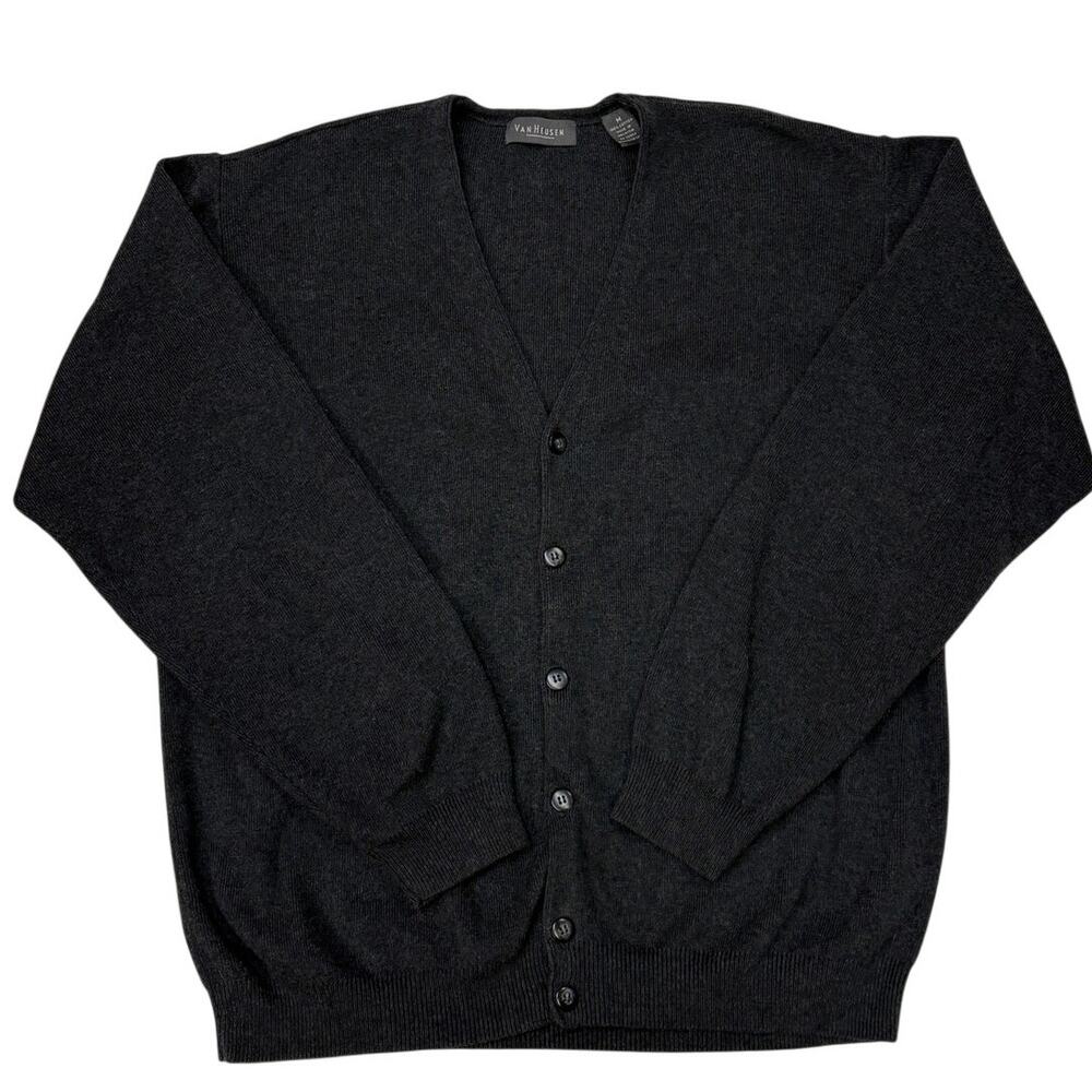 Van Heusen Cardigan Sweater Mens Sz Medium Gray Knit Button Front Grandpa Grunge